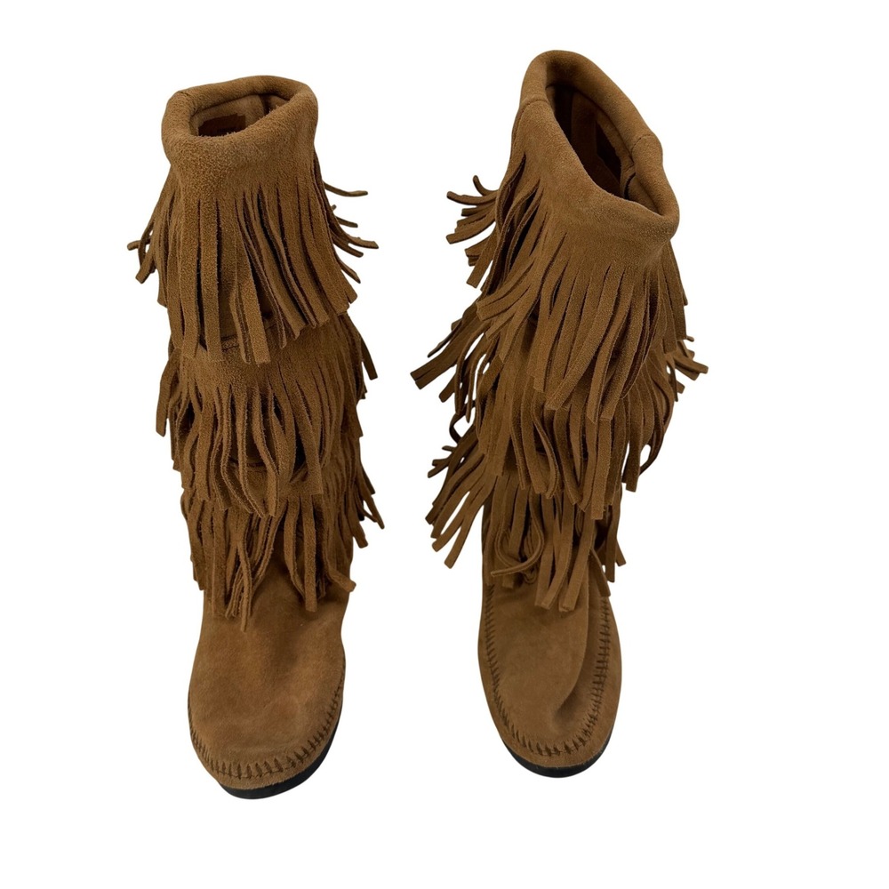 Minnetonka 3-Layer Fringe Boots Women 7 Tan Suede Moccasin Calf High 1637T